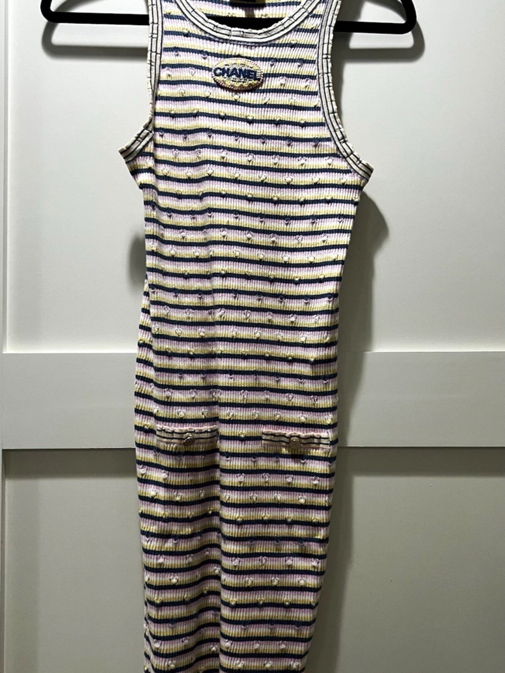 Chanel Striped Ribbed Tank Dress in White, Yellow, Pink & Blue FR36